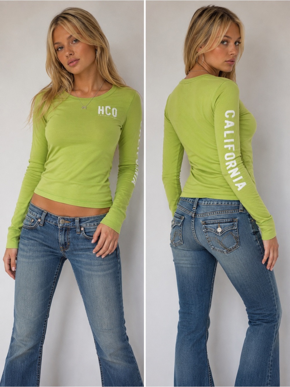 Hollister HCO Lime Green Long Sleeve Logo Tee Medium Y2K Preppy Casual
